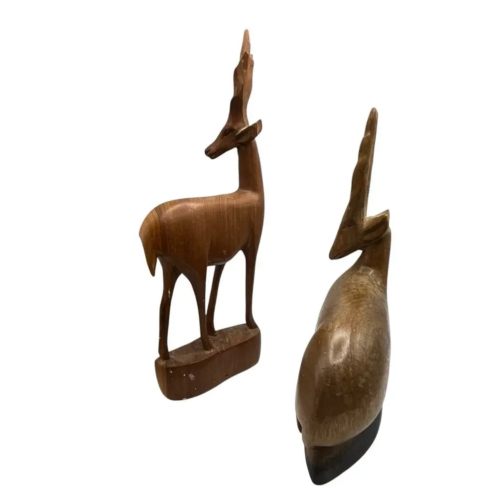 1967 Antelopes Figurines Sculptures Vintate Hand Carved Signed Wood